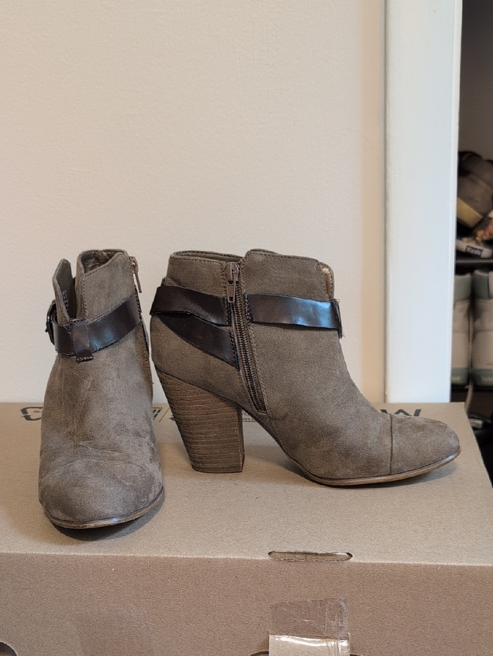 Carlos Santana Taupe Suede Ankle Booties with Dark Brown Strap